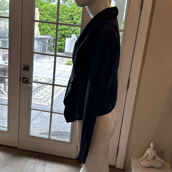 Le Fee Verte Royal Blue Draped & Pleated Genuine Leather Jacket Size Small - Picture 4 of 12